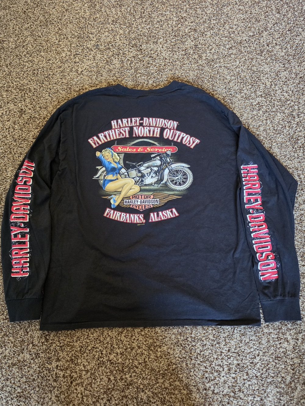 Harley Davidson Long Sleeve Shirt Fairbanks Alaska Pinup Girl Motorcycle Size XL